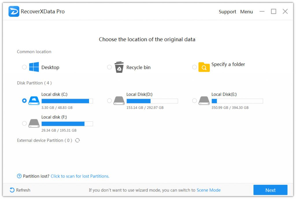 RecoverXData- choose a location of lost data